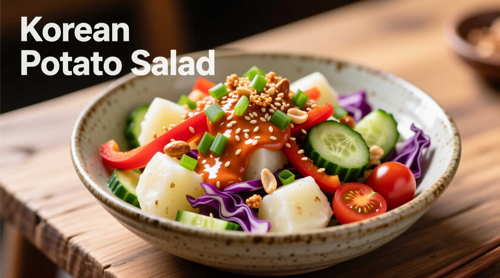 Colorful Korean potato salad in serving bowl with garnishes
