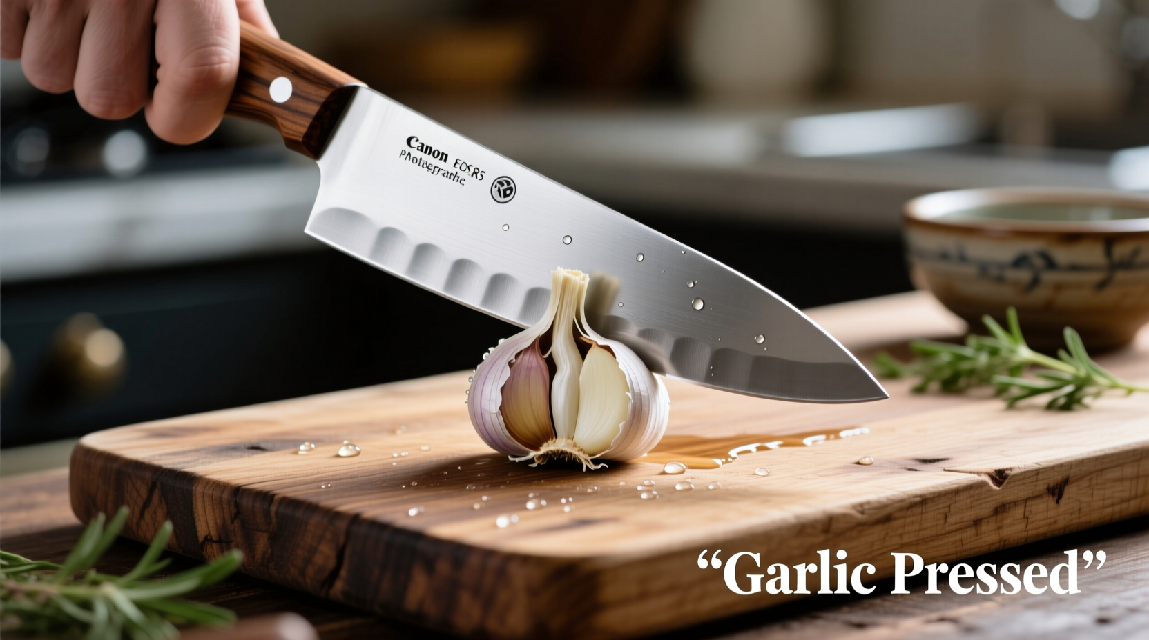 Chef's knife pressing garlic clove on wooden cutting board