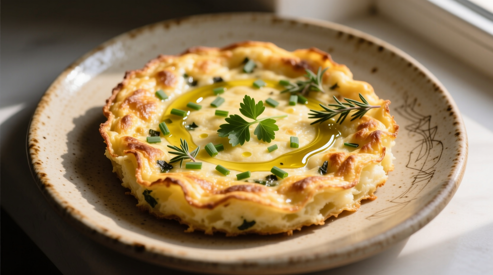 Golden potato frittata with herbs on ceramic plate