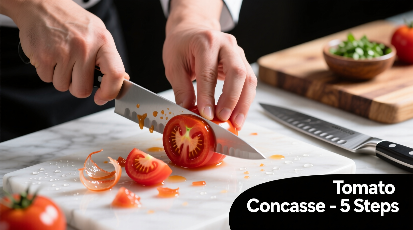 Chef's hands demonstrating tomato concasse technique