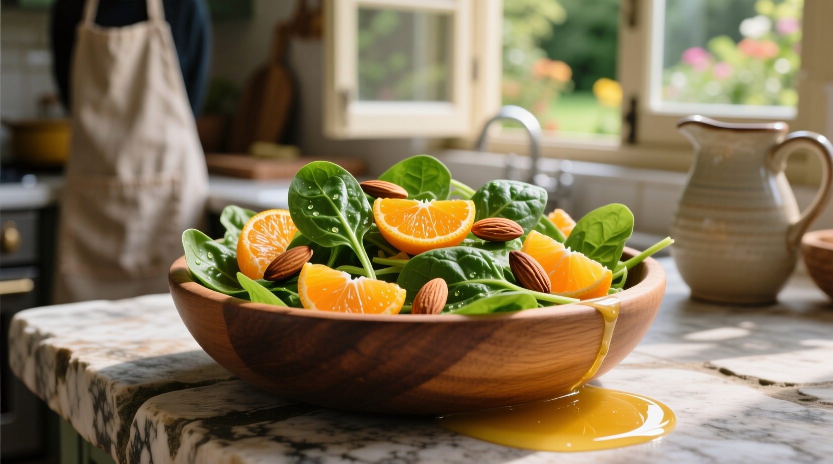 Fresh spinach salad with mandarin oranges and almonds