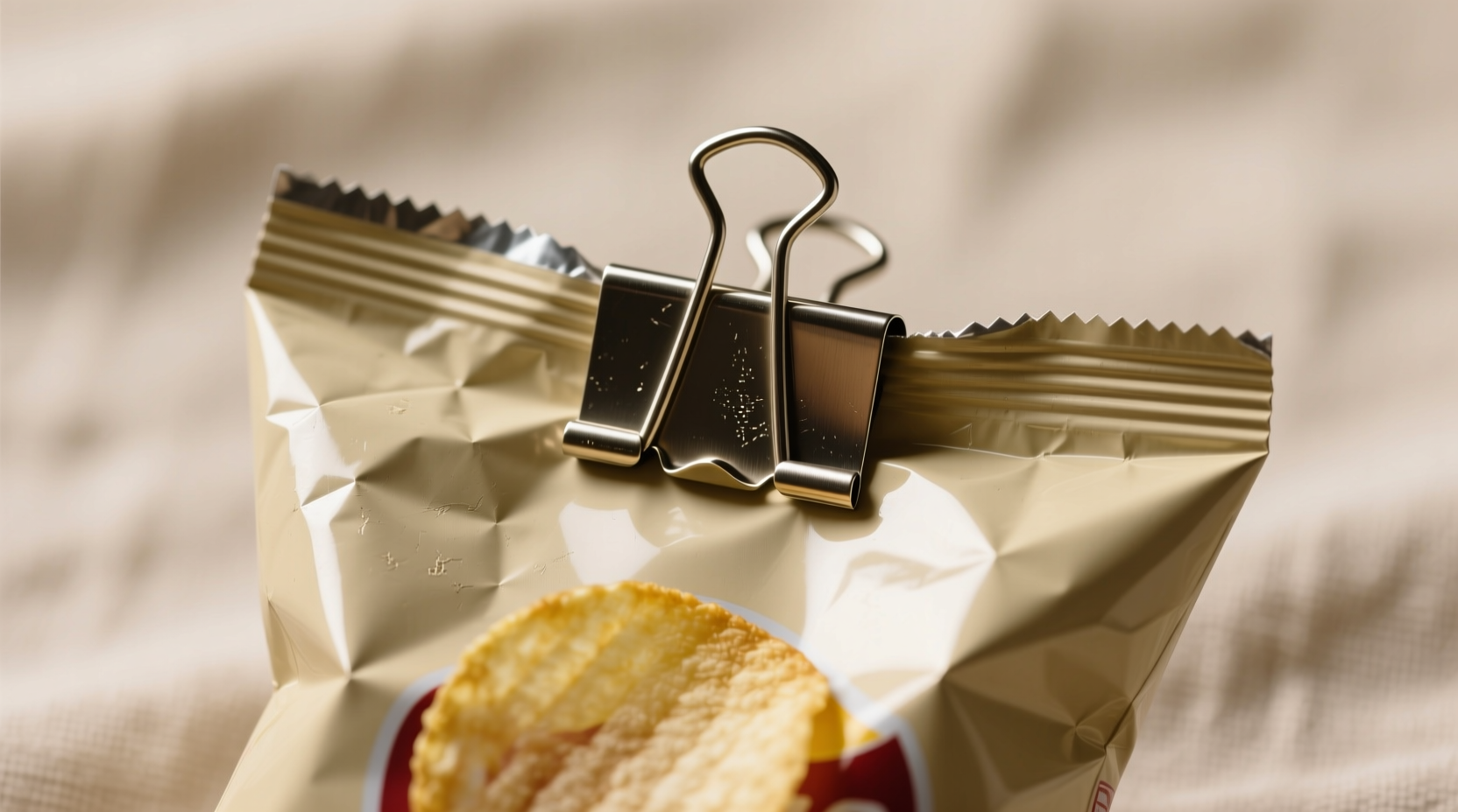 Properly folded potato chip bag with clip