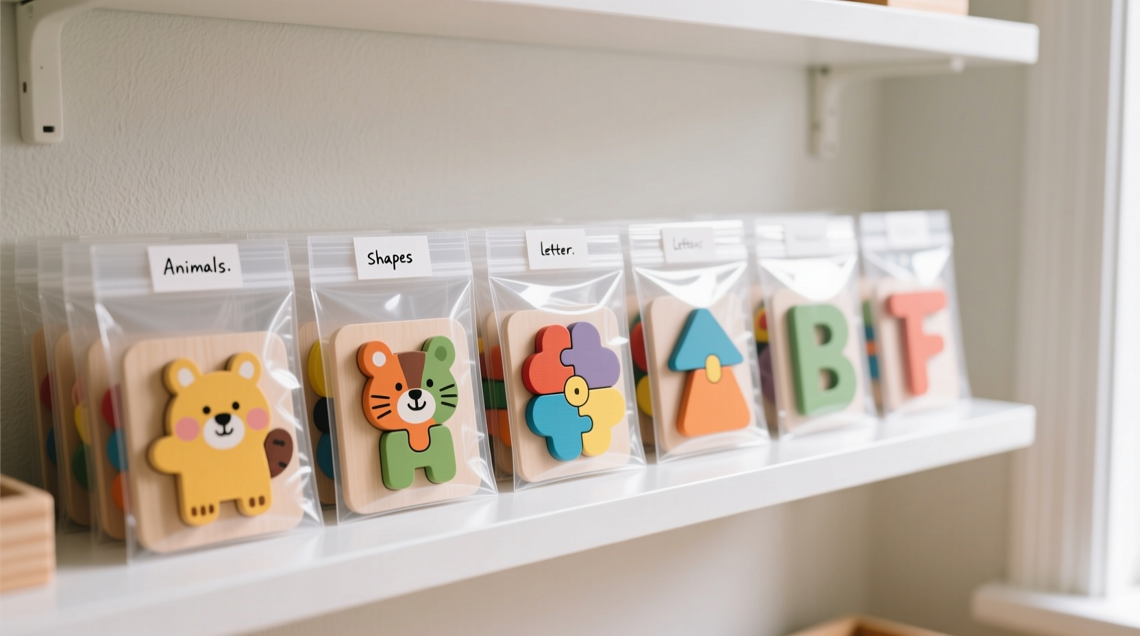 store your toddlers peg puzzles in clear poly envelopes