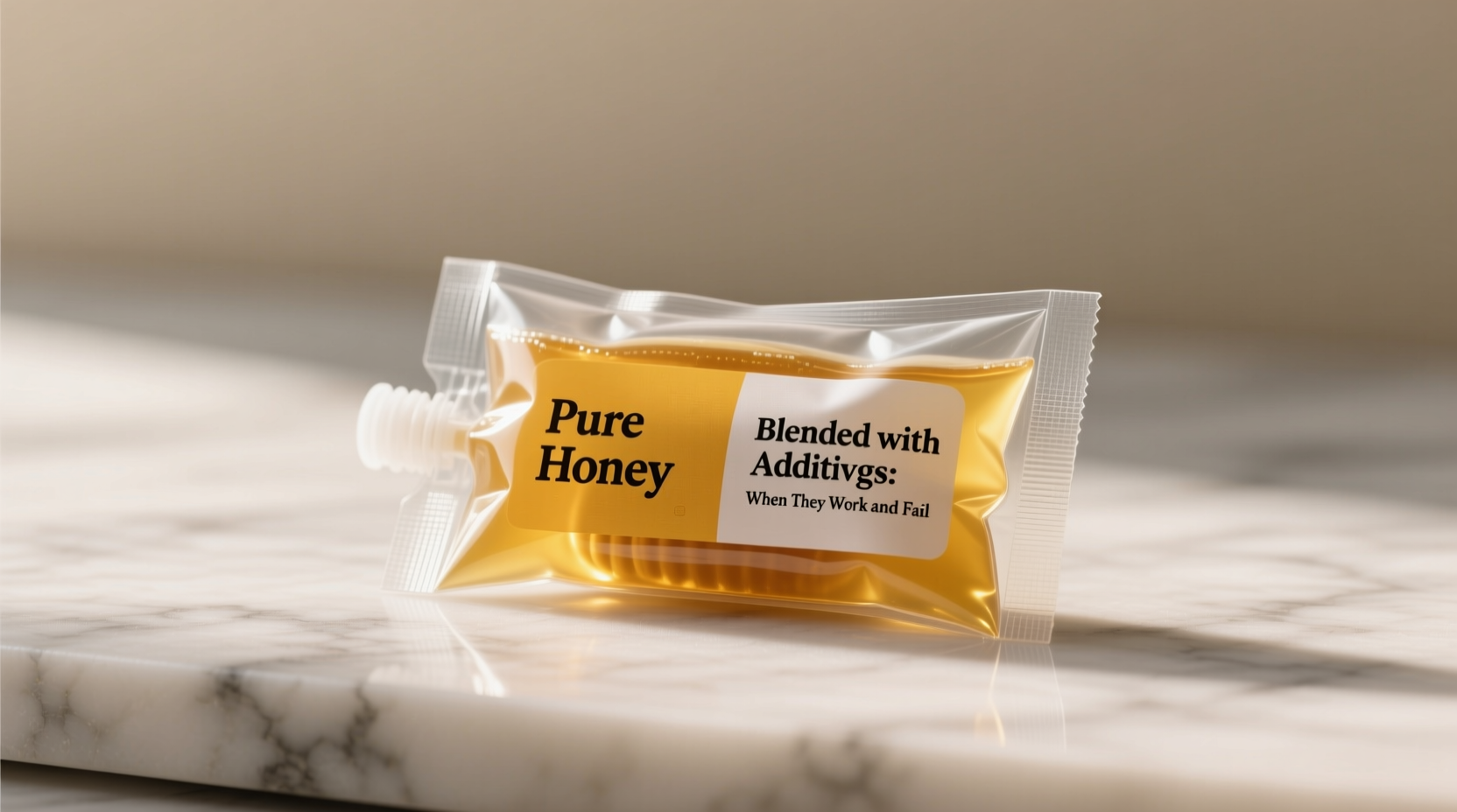 Close-up of honey packet ingredient label showing pure honey versus blended version with additives
