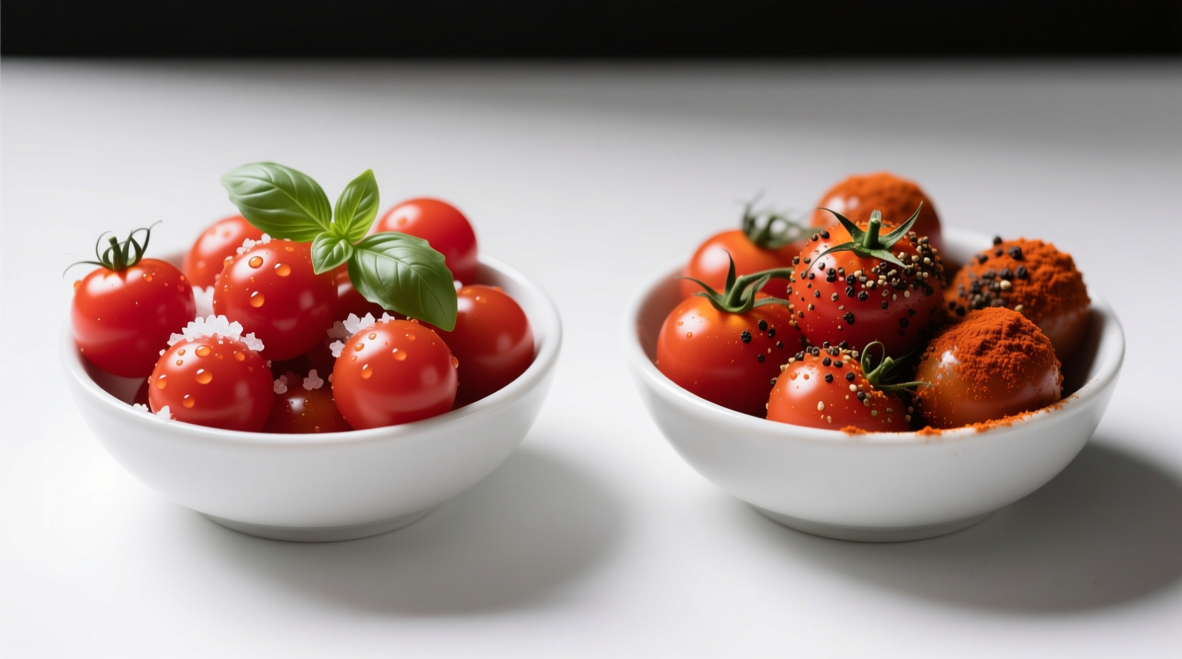 Side-by-side comparison: properly seasoned cherry tomatoes (glistening with minimal spice) vs over-seasoned (dull, spice-coated)