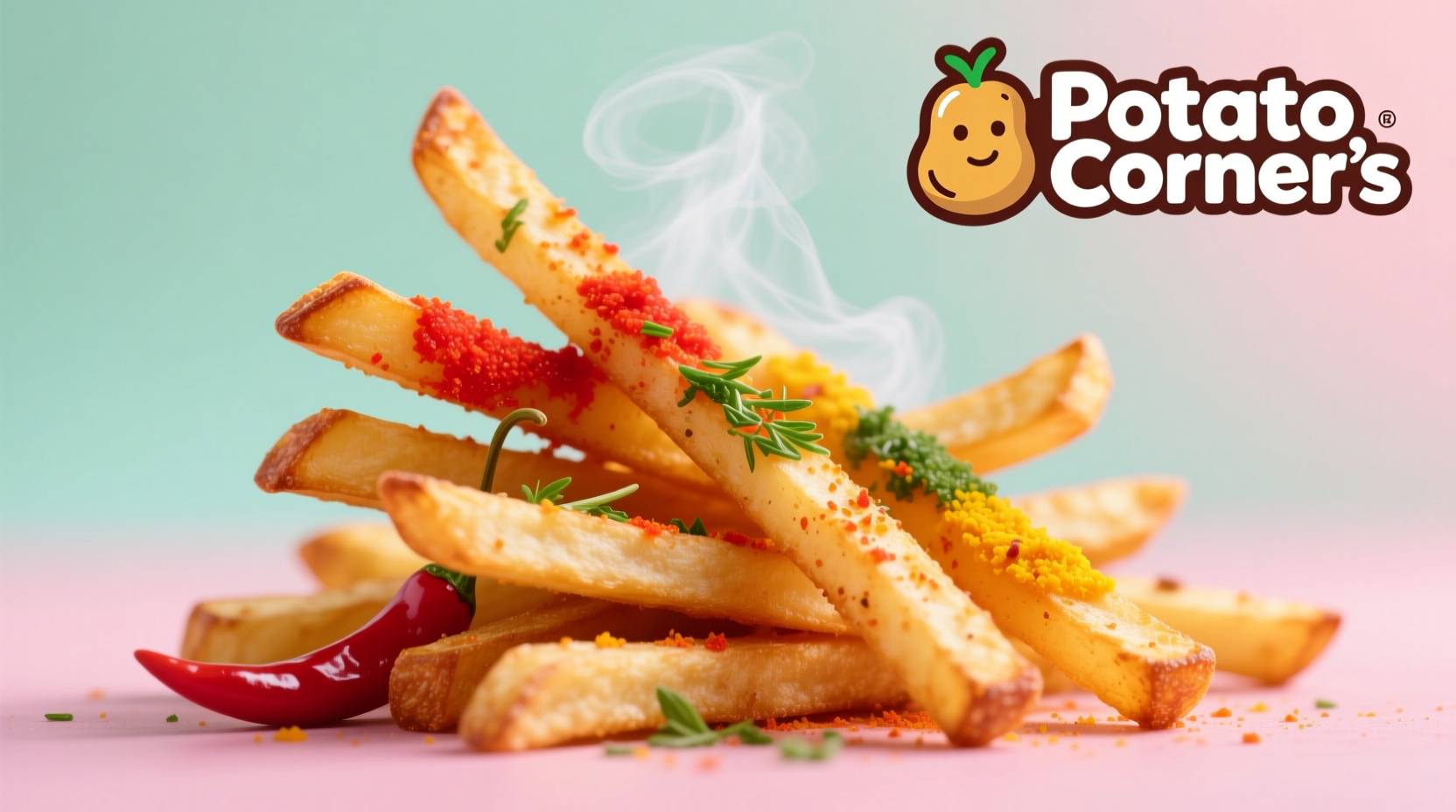 Colorful display of Potato Corner's signature seasoned fries on sticks