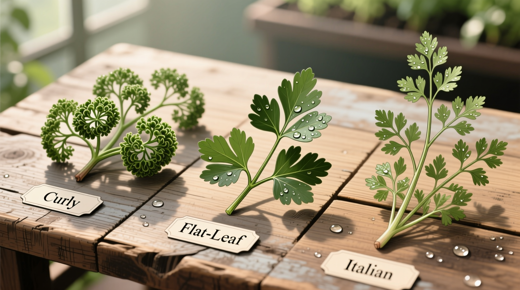 Three parsley varieties comparison on wooden table