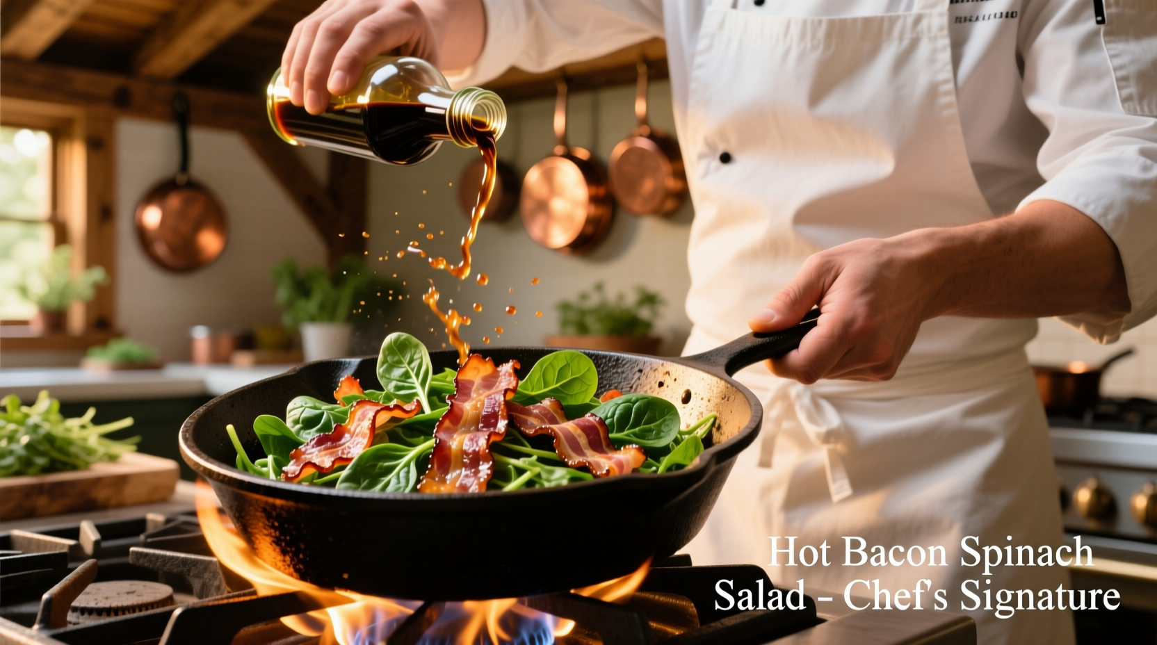 Chef preparing hot bacon spinach salad in cast iron skillet