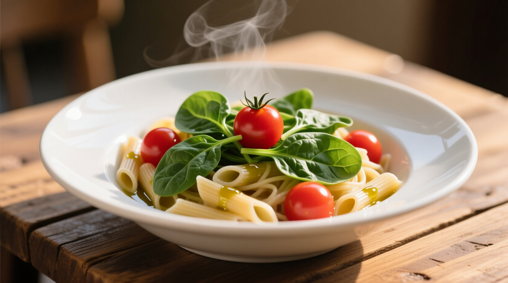 Fresh spinach and tomato pasta in white bowl