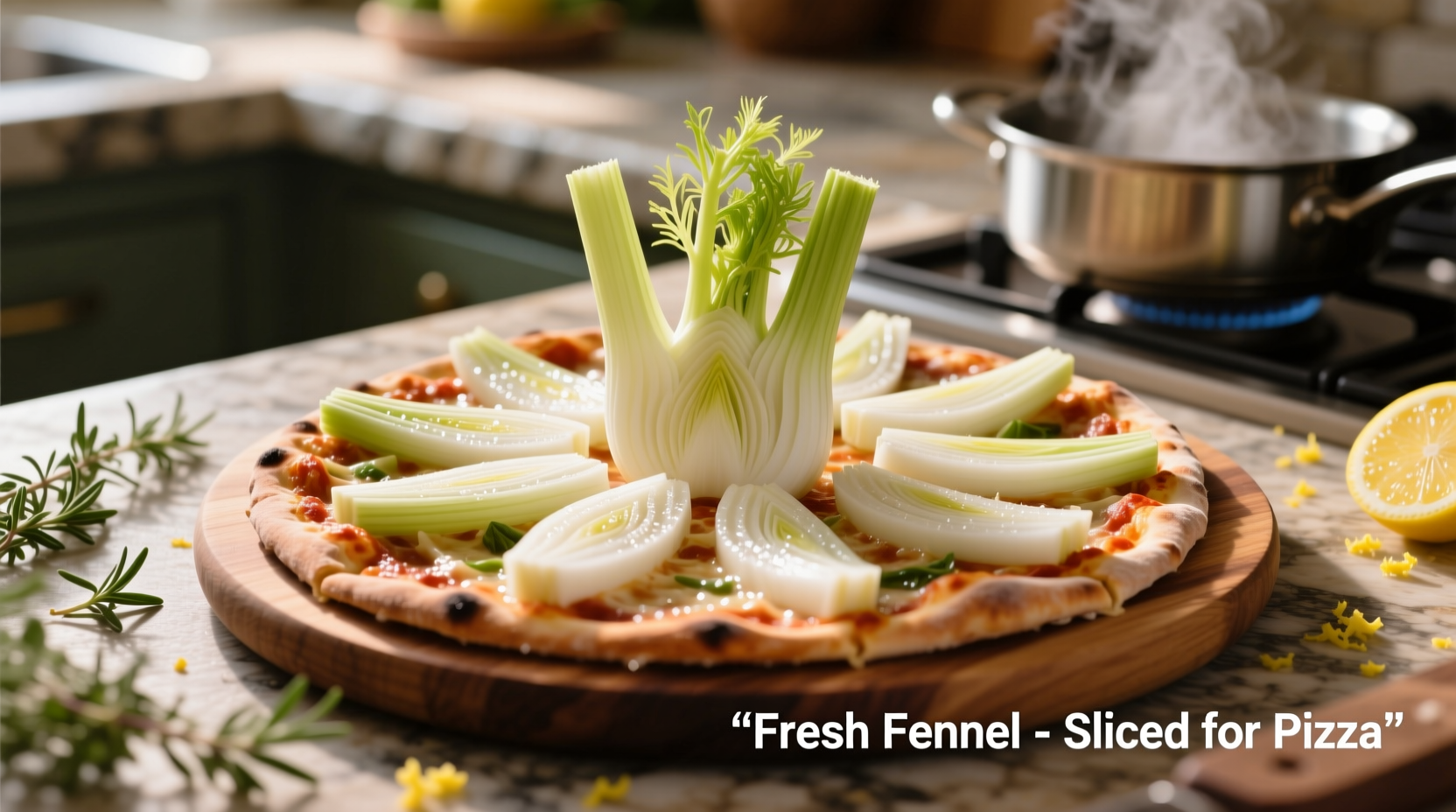 Fresh fennel bulb sliced for pizza preparation
