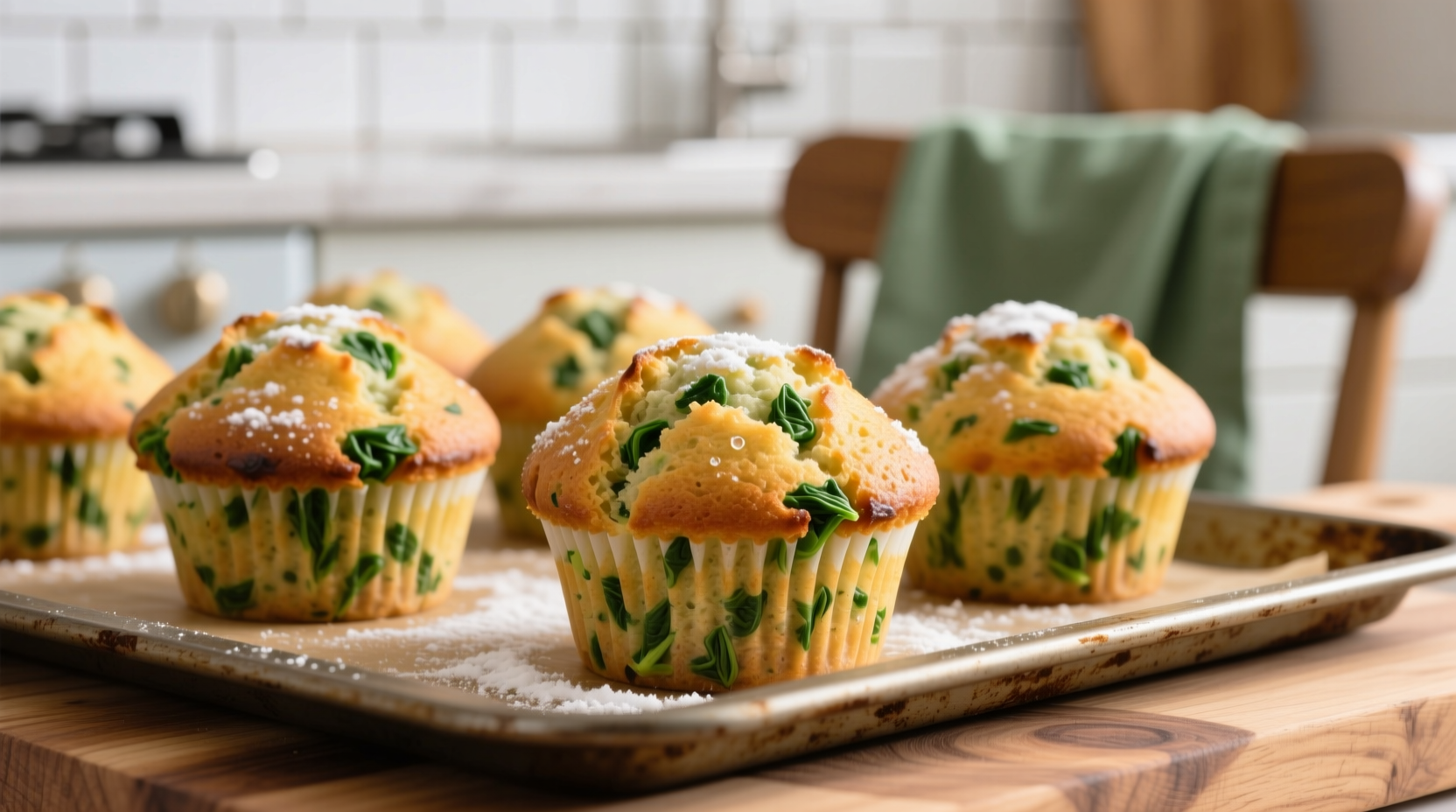 Golden spinach muffins with visible green flecks on baking sheet