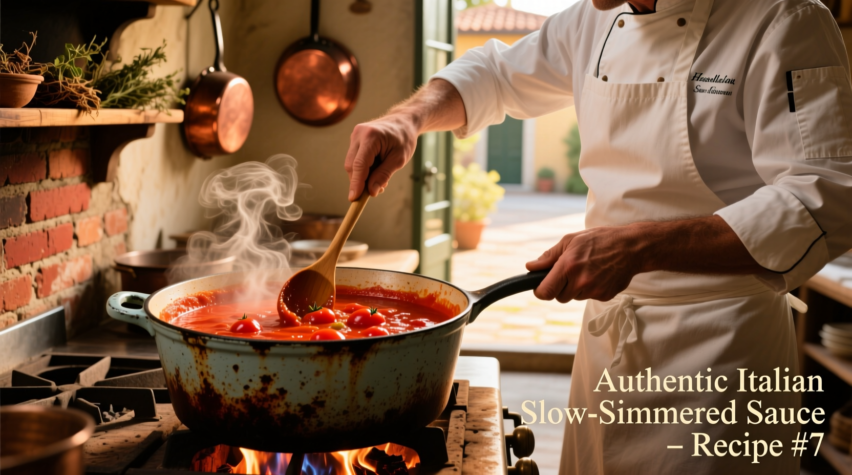 Chef stirring tomato sauce in cast iron pot