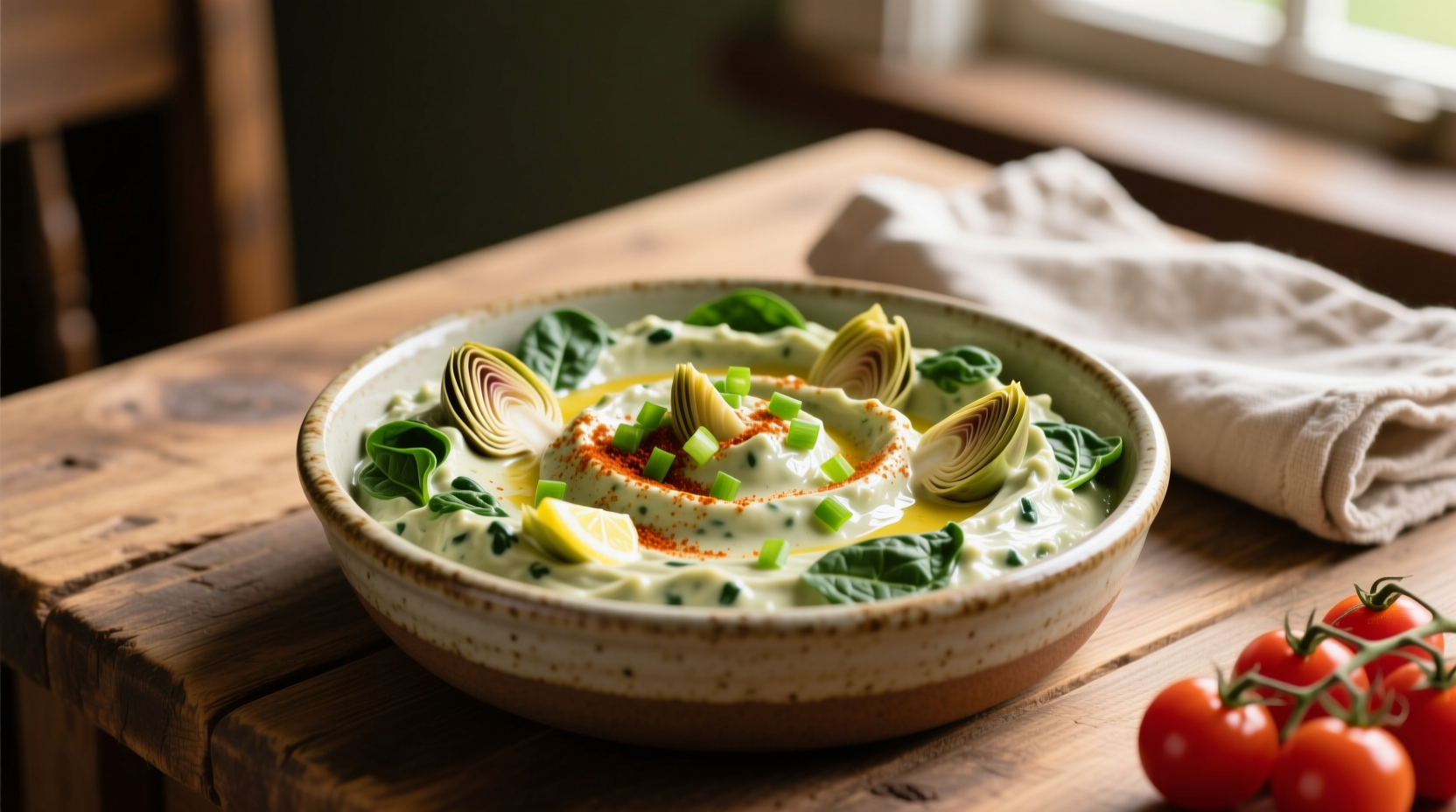 Creamy dairy free spinach artichoke dip in serving bowl