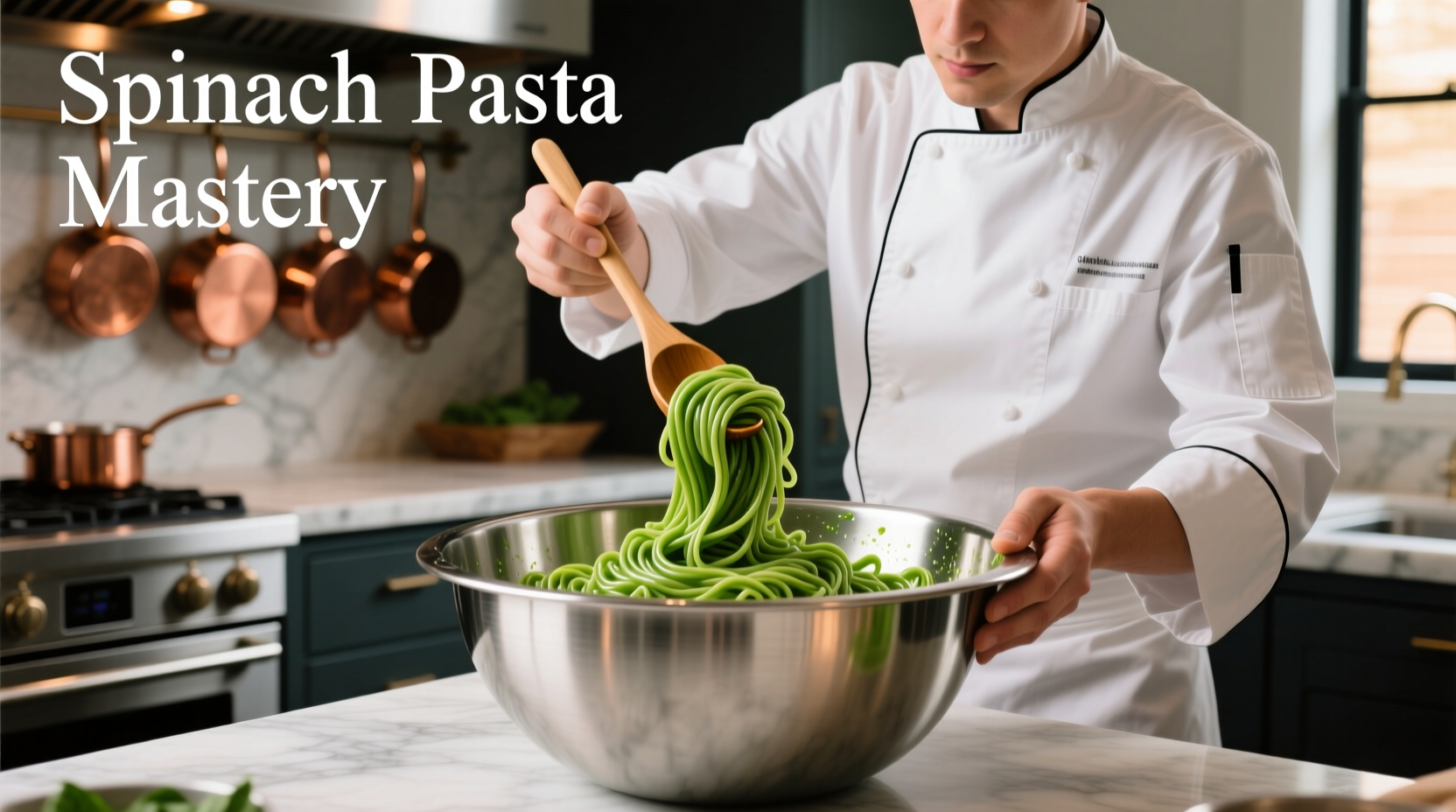 Chef preparing vibrant green spinach pasta in stainless steel bowl