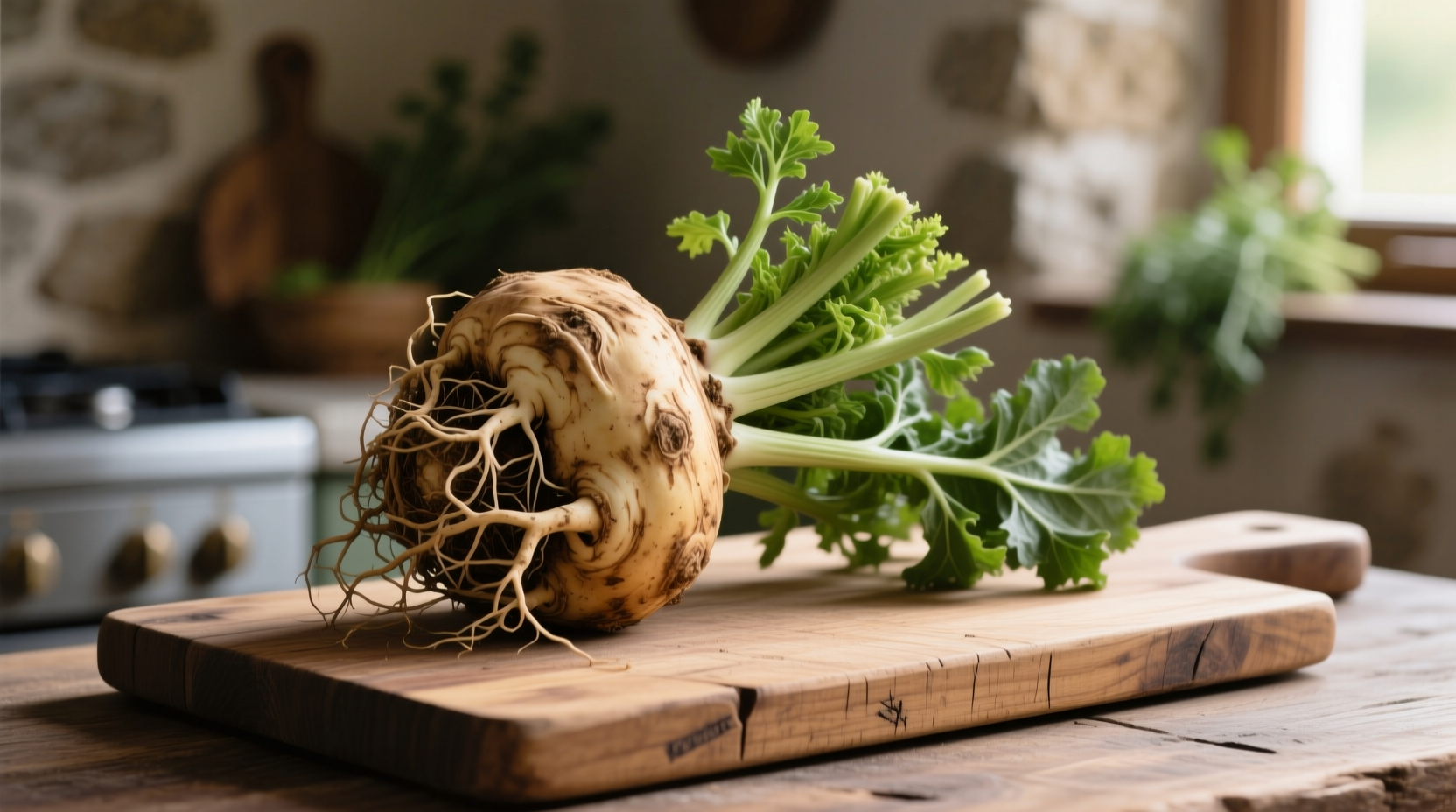 Celeriac bulb with leafy greens attached on wooden cutting board