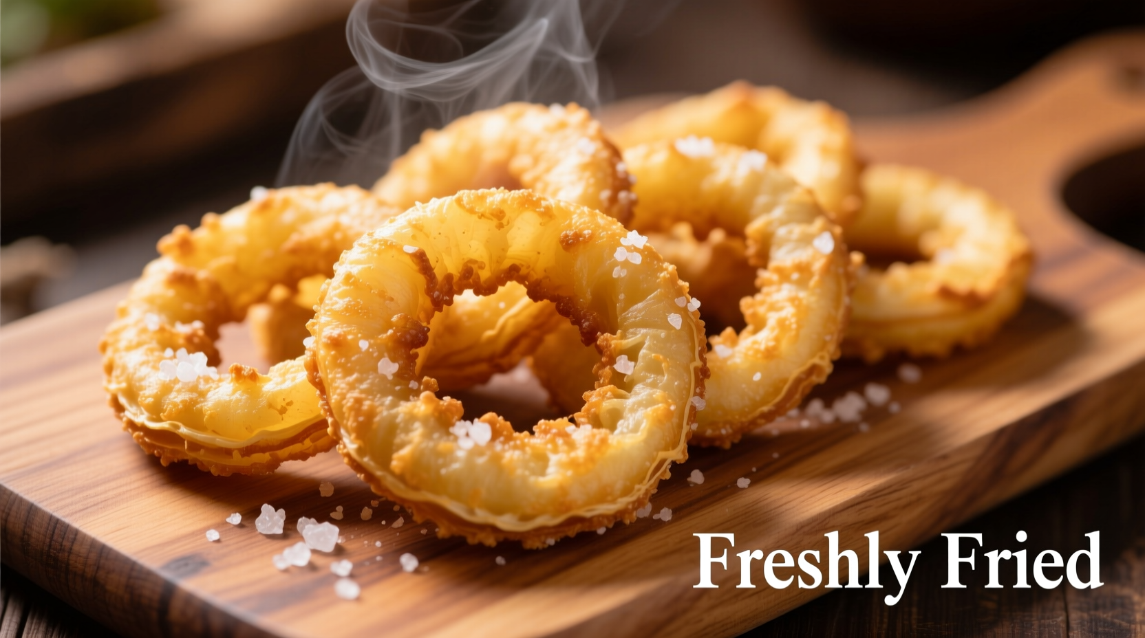 Golden homemade onion rings on wooden board