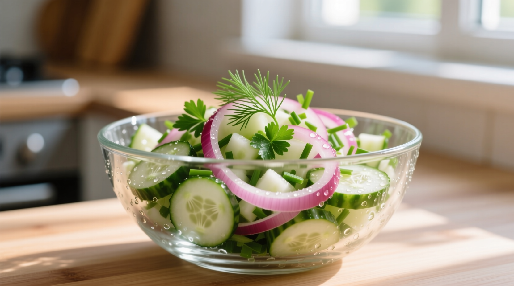 Crisp cucumber onion salad in glass bowl with fresh herbs