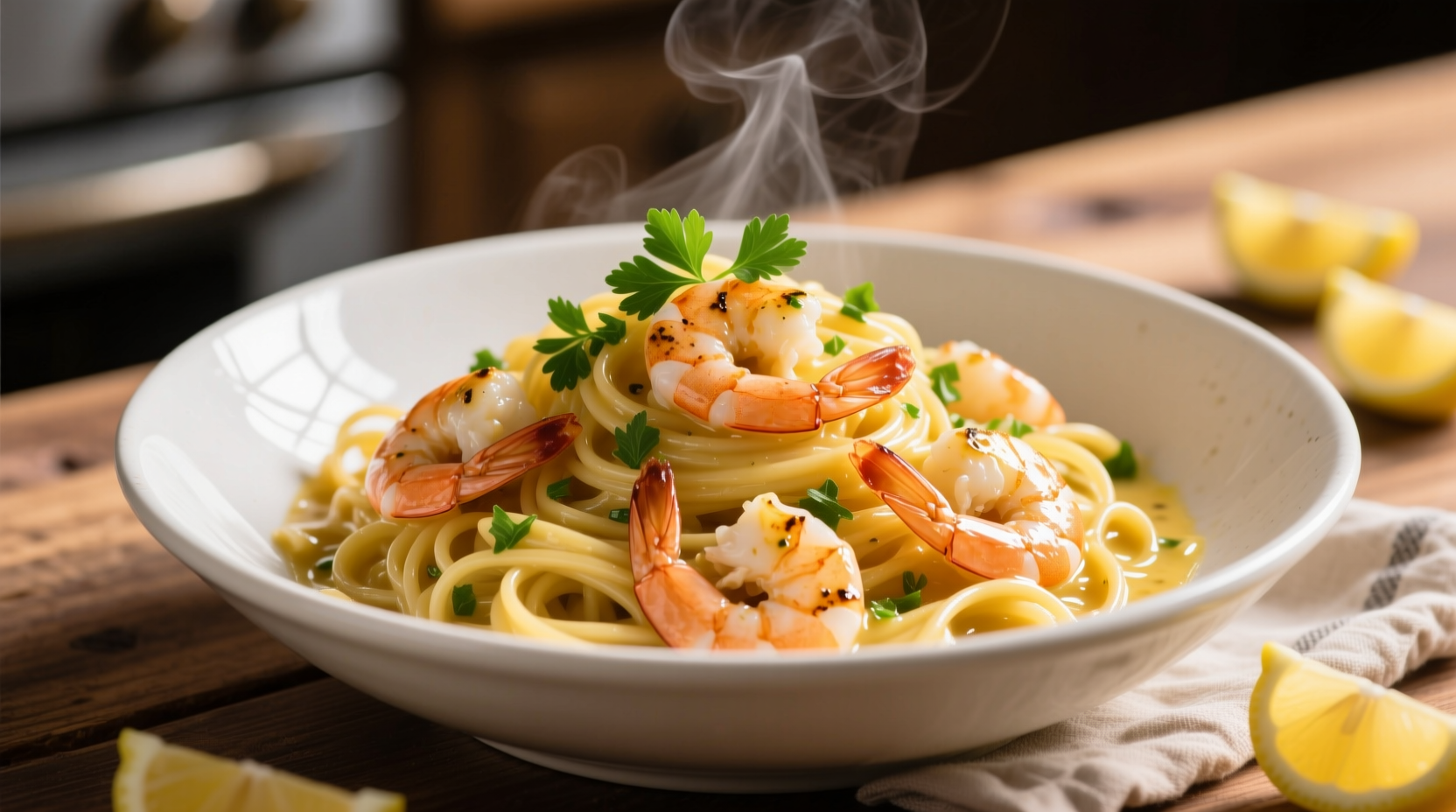 Lemon garlic shrimp pasta in white bowl