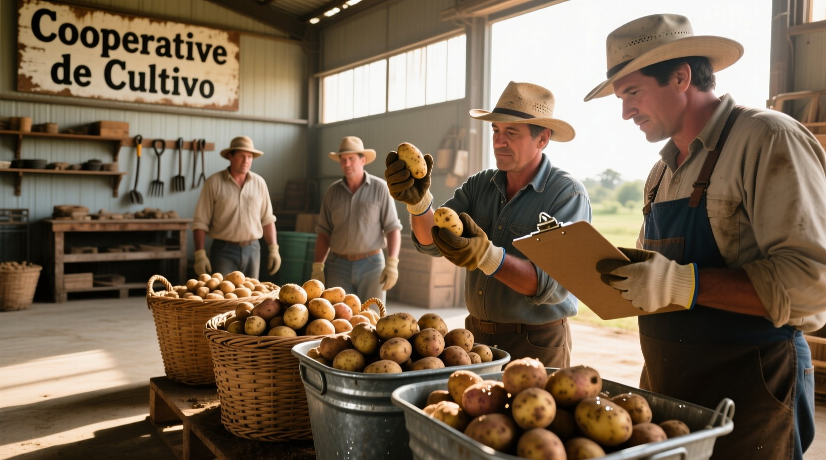 Farmers inspecting potato harvest at cooperative facility