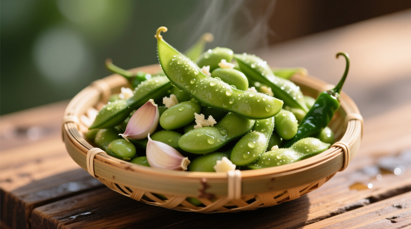 Fresh garlic edamame beans in bamboo bowl