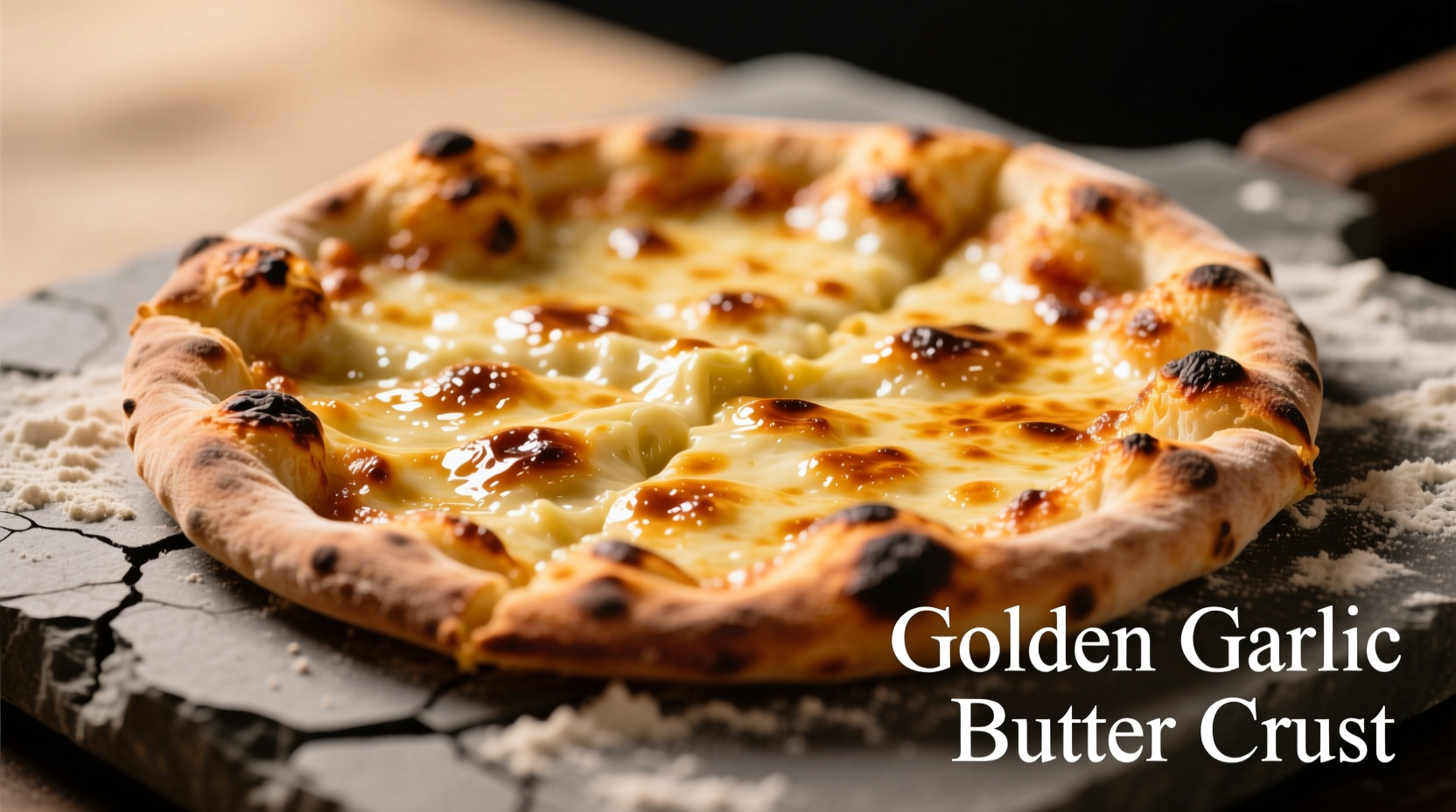 Golden garlic butter brushed pizza crust on baking stone