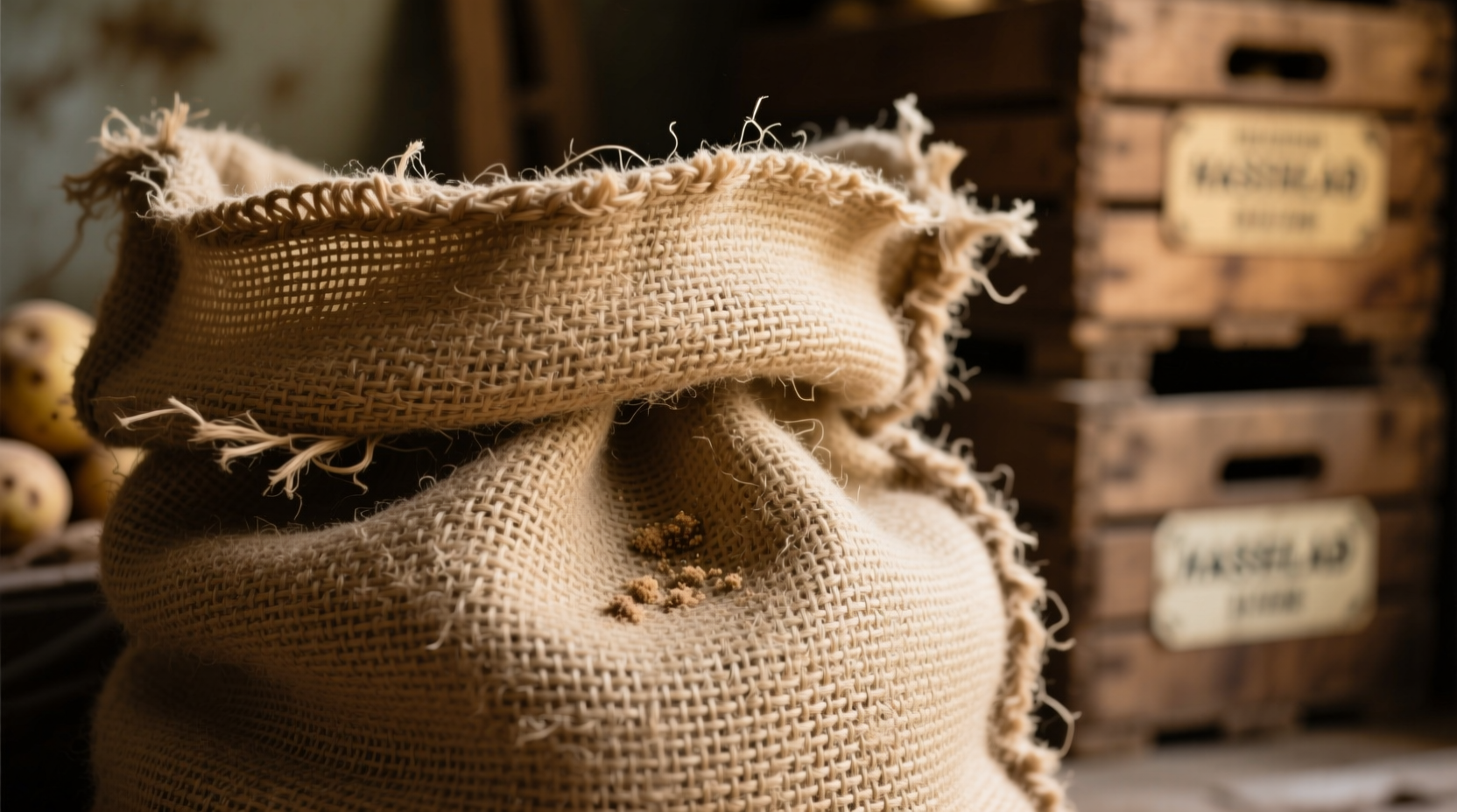 Close-up of textured burlap potato sack fabric
