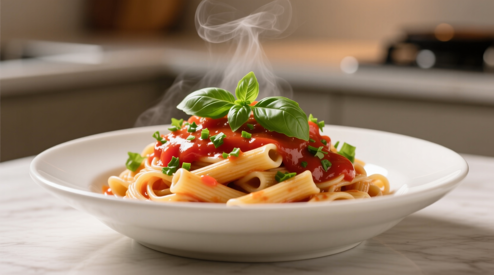 Creamy tomato pasta final presentation with garnish