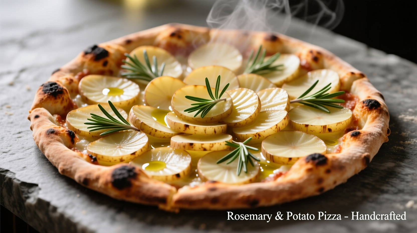 Thin sliced potatoes arranged on pizza crust with rosemary