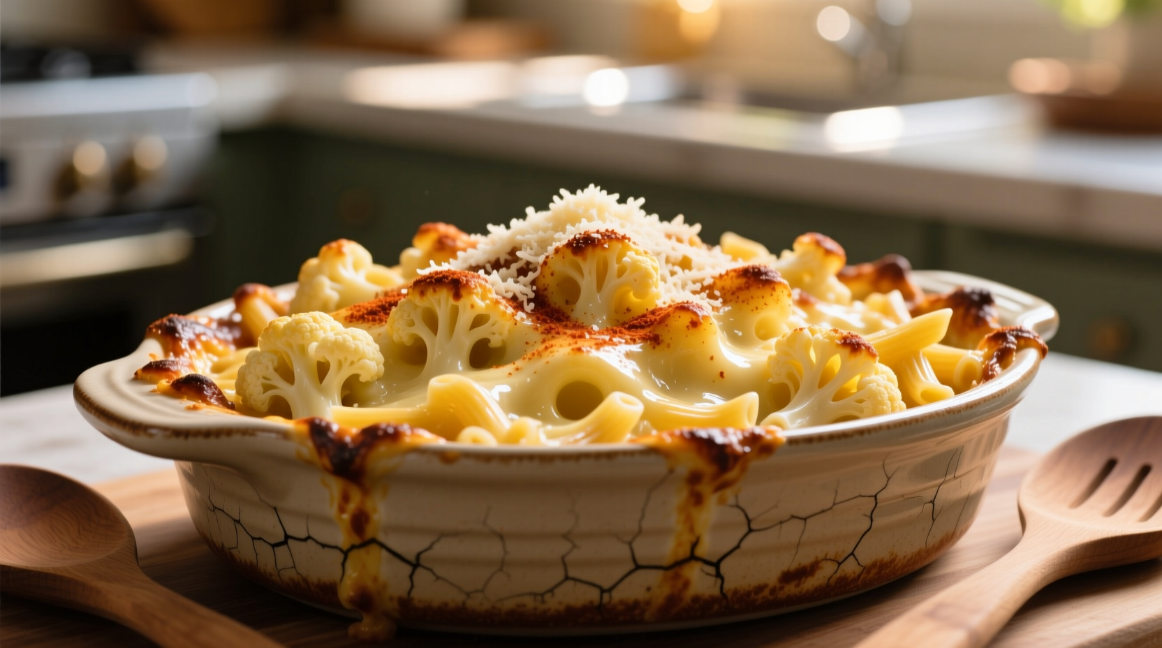 Creamy cauliflower mac and cheese in baking dish with golden top