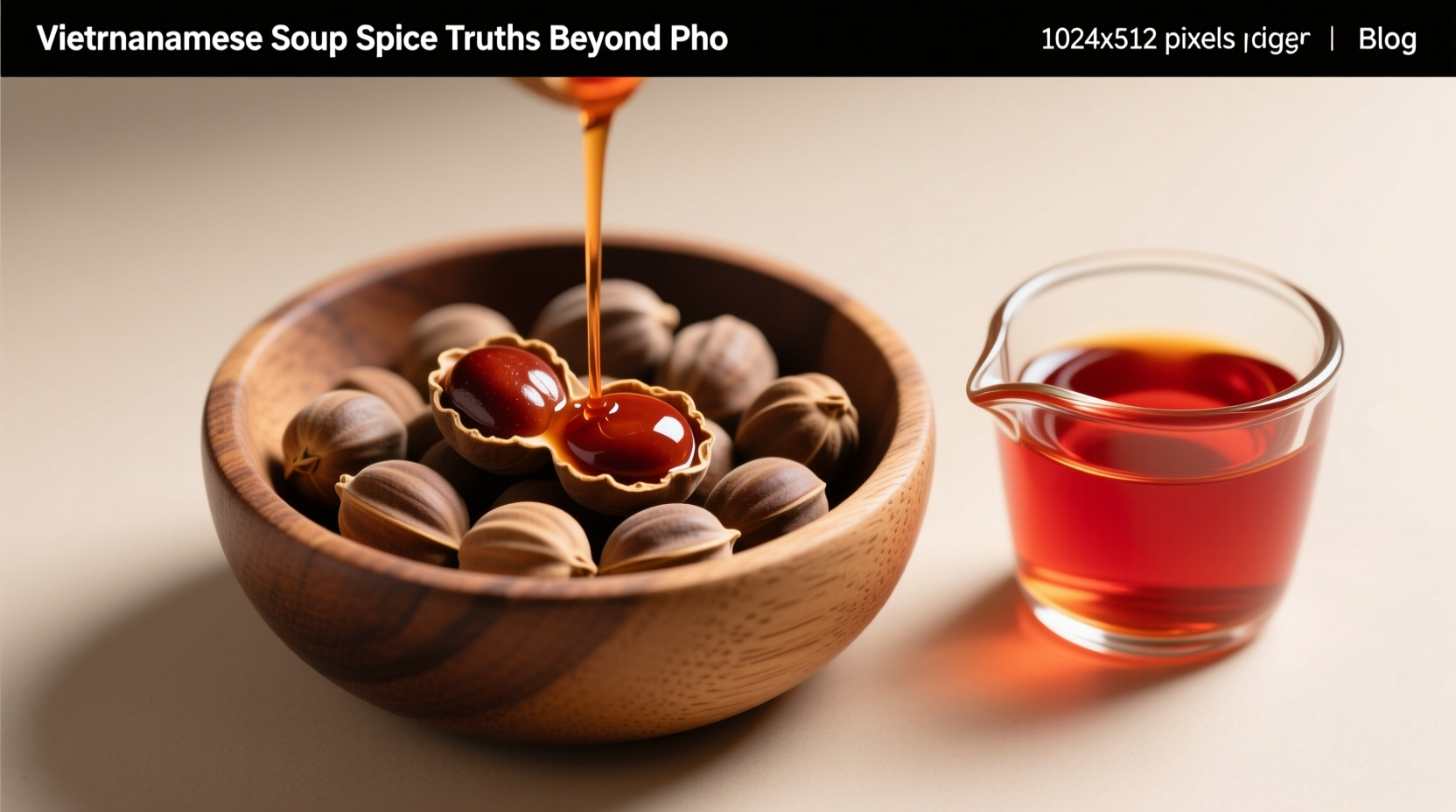 Whole annatto seeds in wooden bowl next to infused red oil, showing natural color extraction process