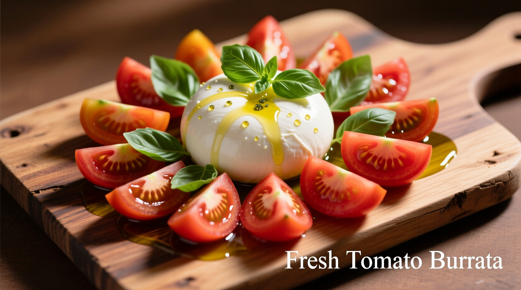 Fresh tomato burrata platter with basil garnish