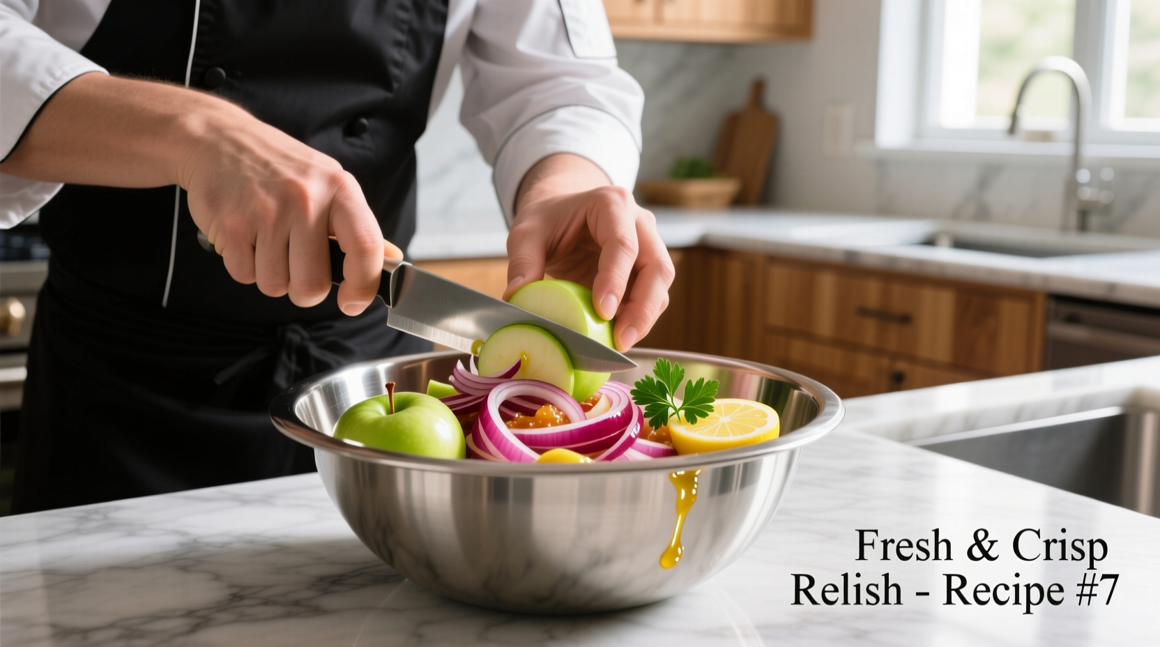 Chef preparing apple and onion relish in stainless steel bowl