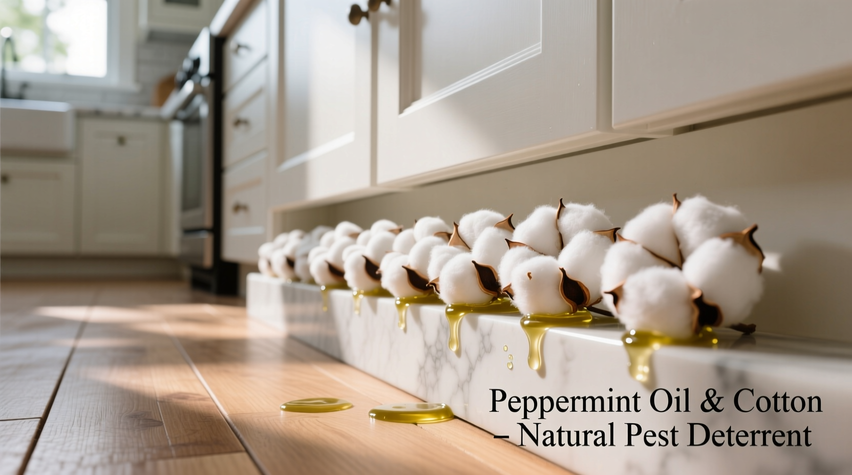 Cotton balls soaked in peppermint oil placed along kitchen baseboard
