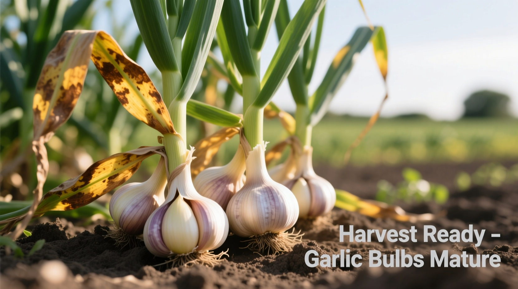 Garlic plants showing ideal harvest readiness with partial leaf browning