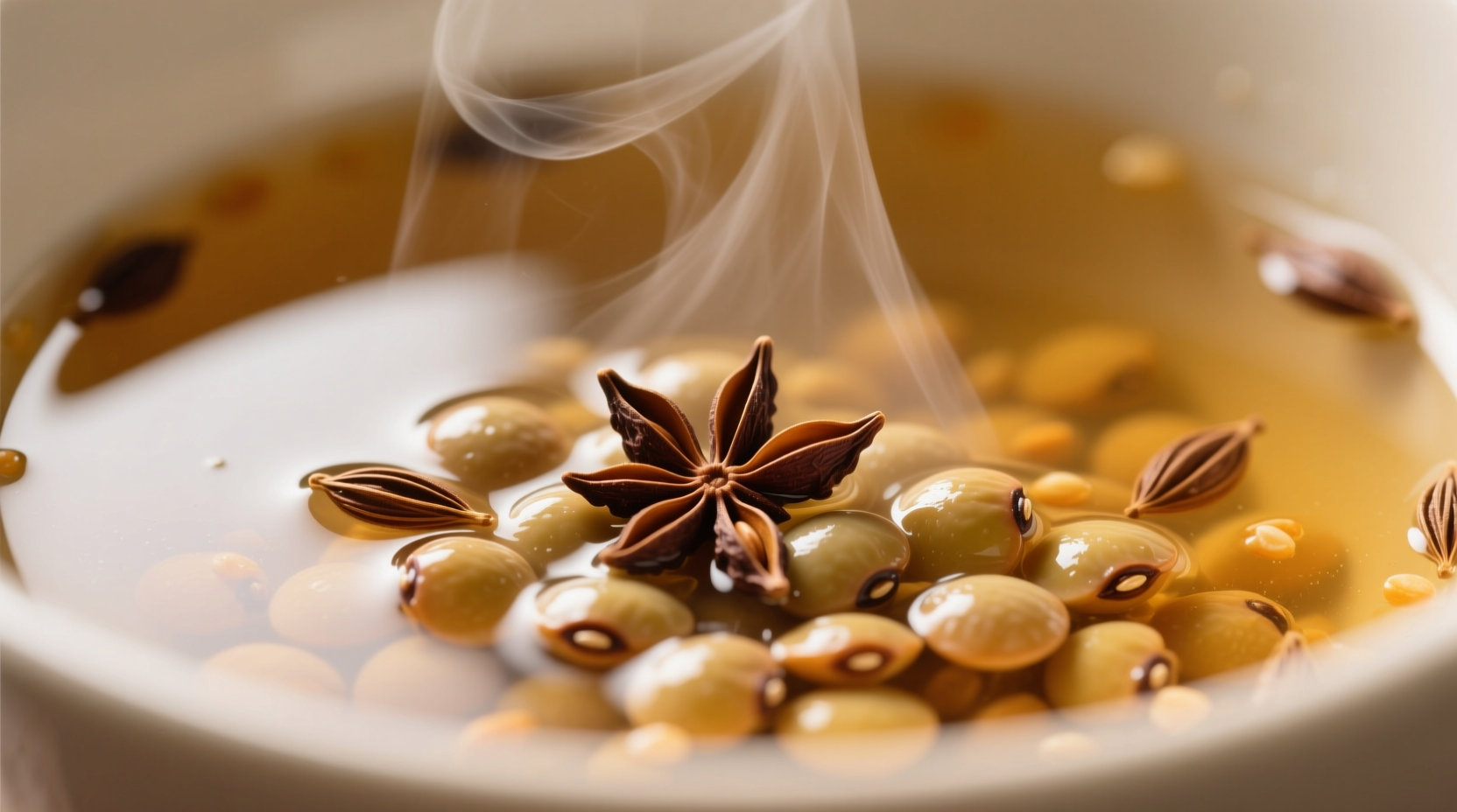 Close-up of French lentils simmering in broth with whole cumin seeds