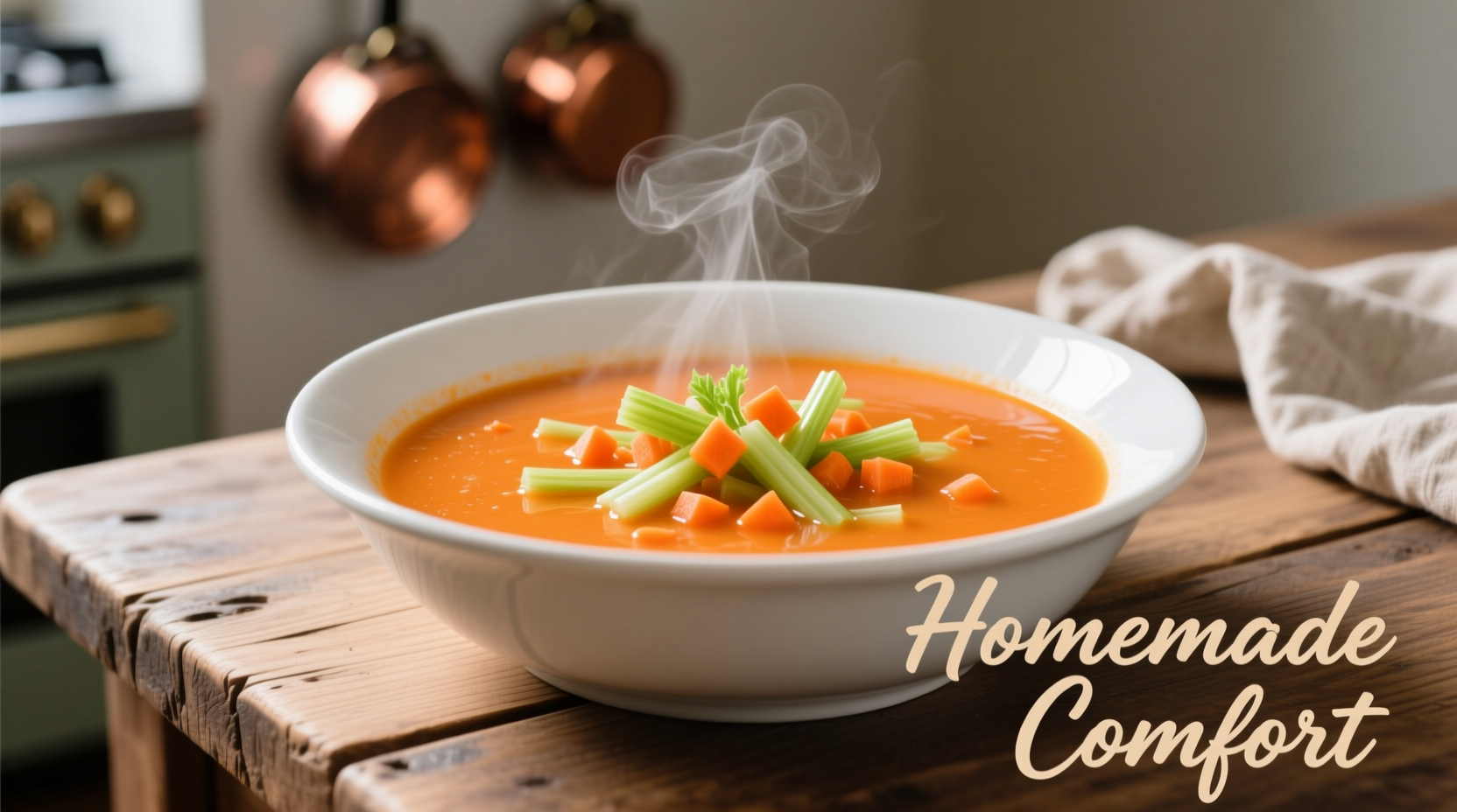 Fresh carrot celery soup in white bowl