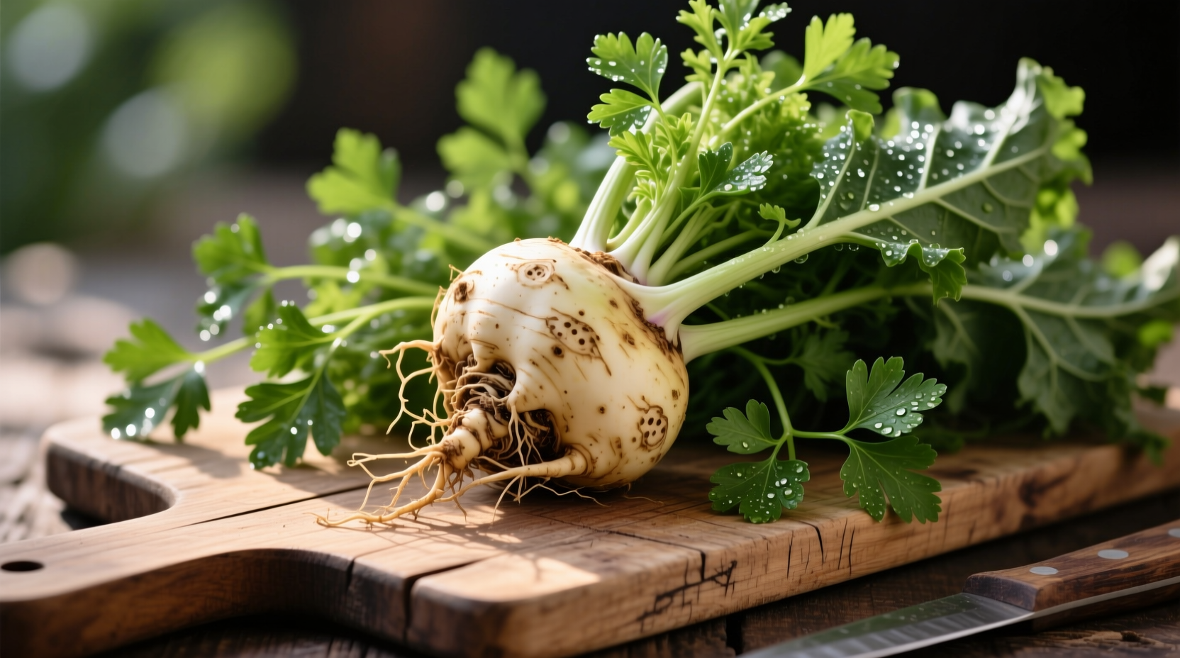 Fresh celeriac root with leafy greens on wooden cutting board