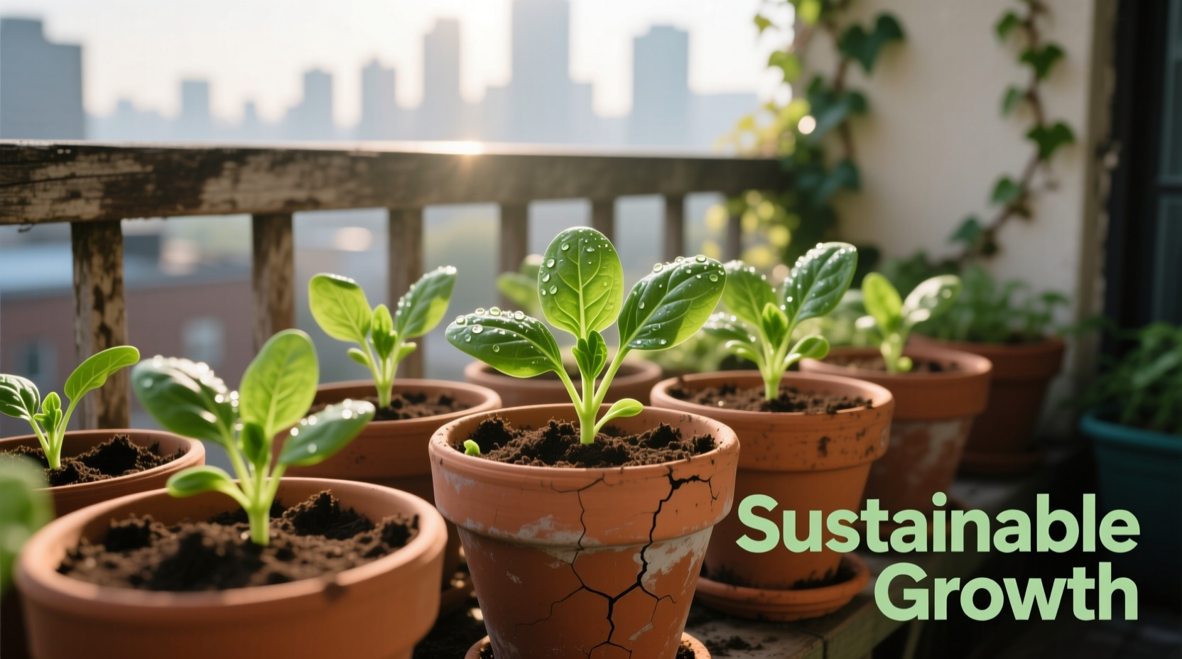 Spinach seedlings thriving in terra cotta pots on balcony