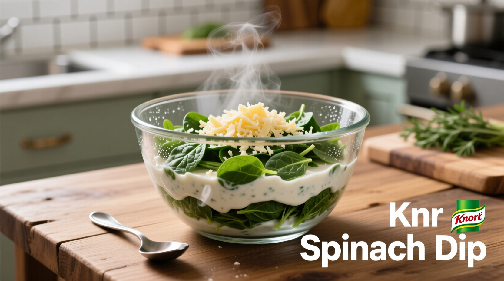 Knorr spinach dip preparation steps in glass bowl
