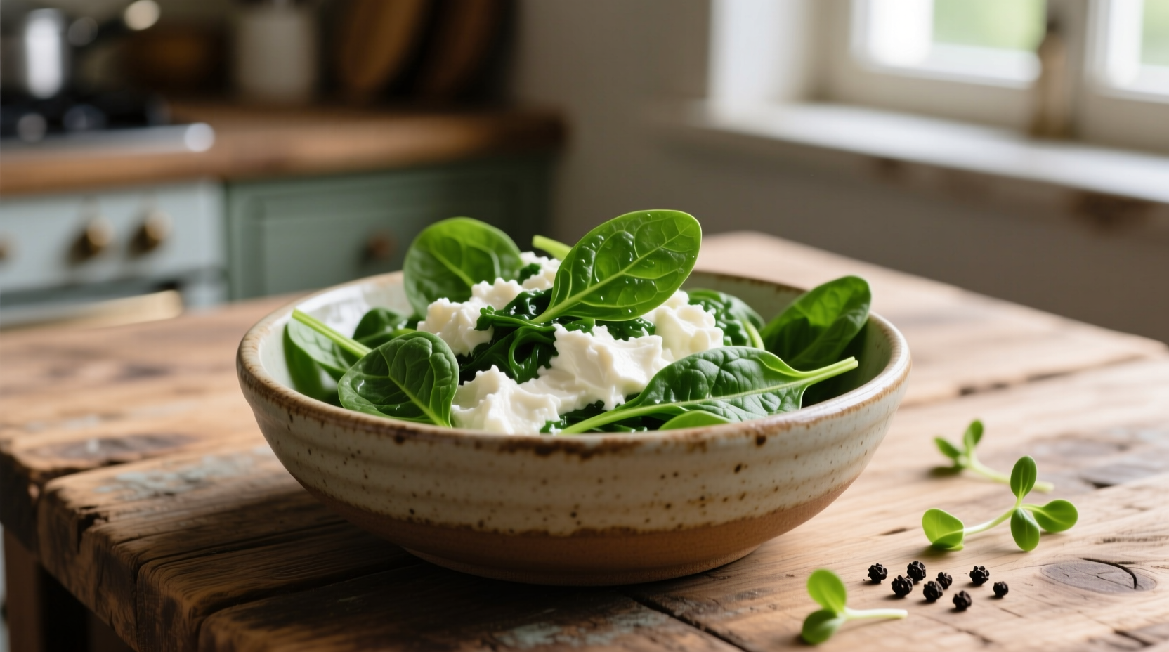 Fresh spinach and ricotta cheese mixture in bowl