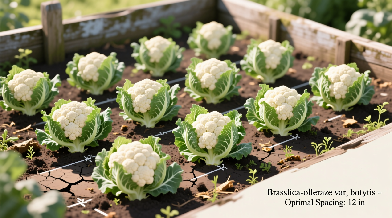 Cauliflower plants properly spaced in garden bed