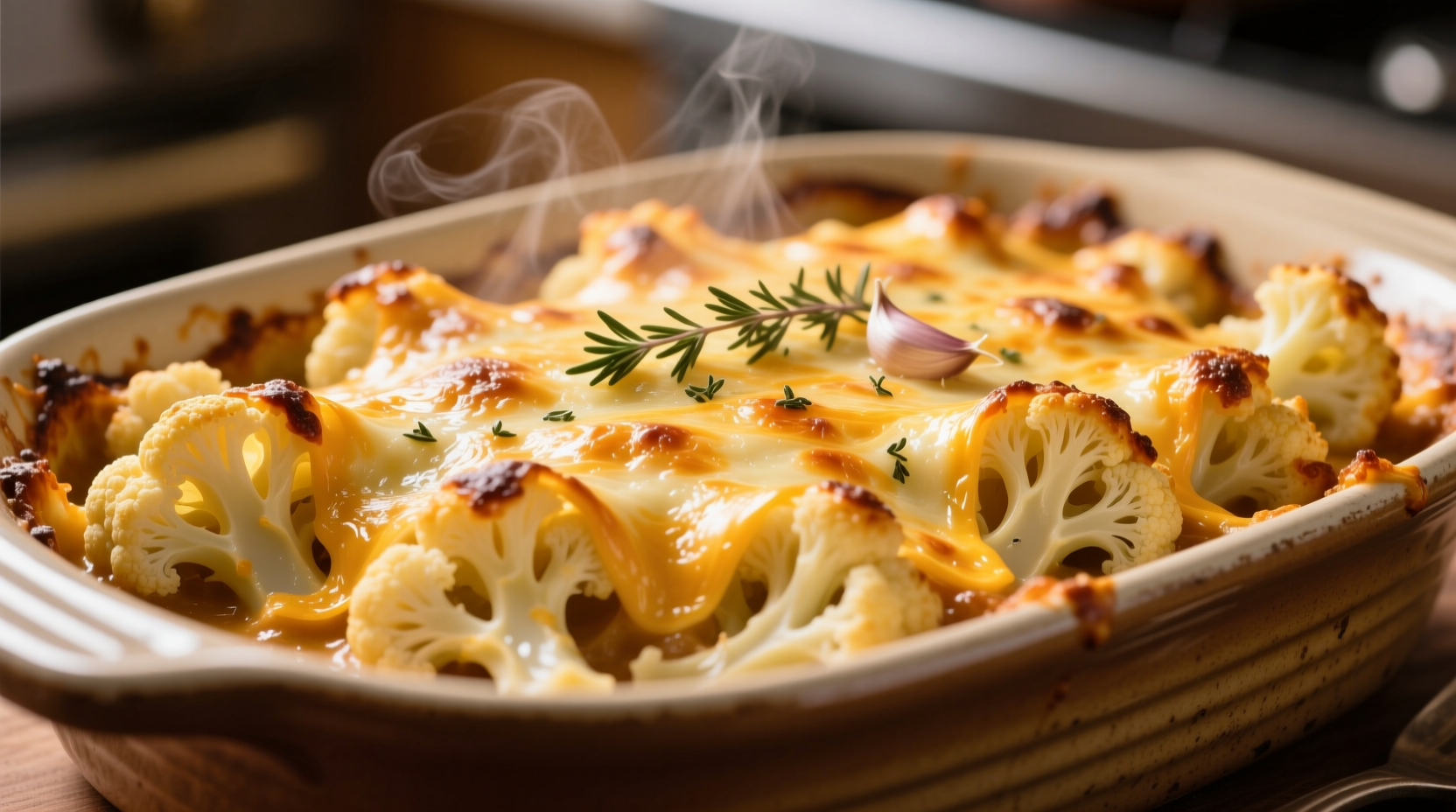 Golden baked cauliflower casserole with melted cheese topping