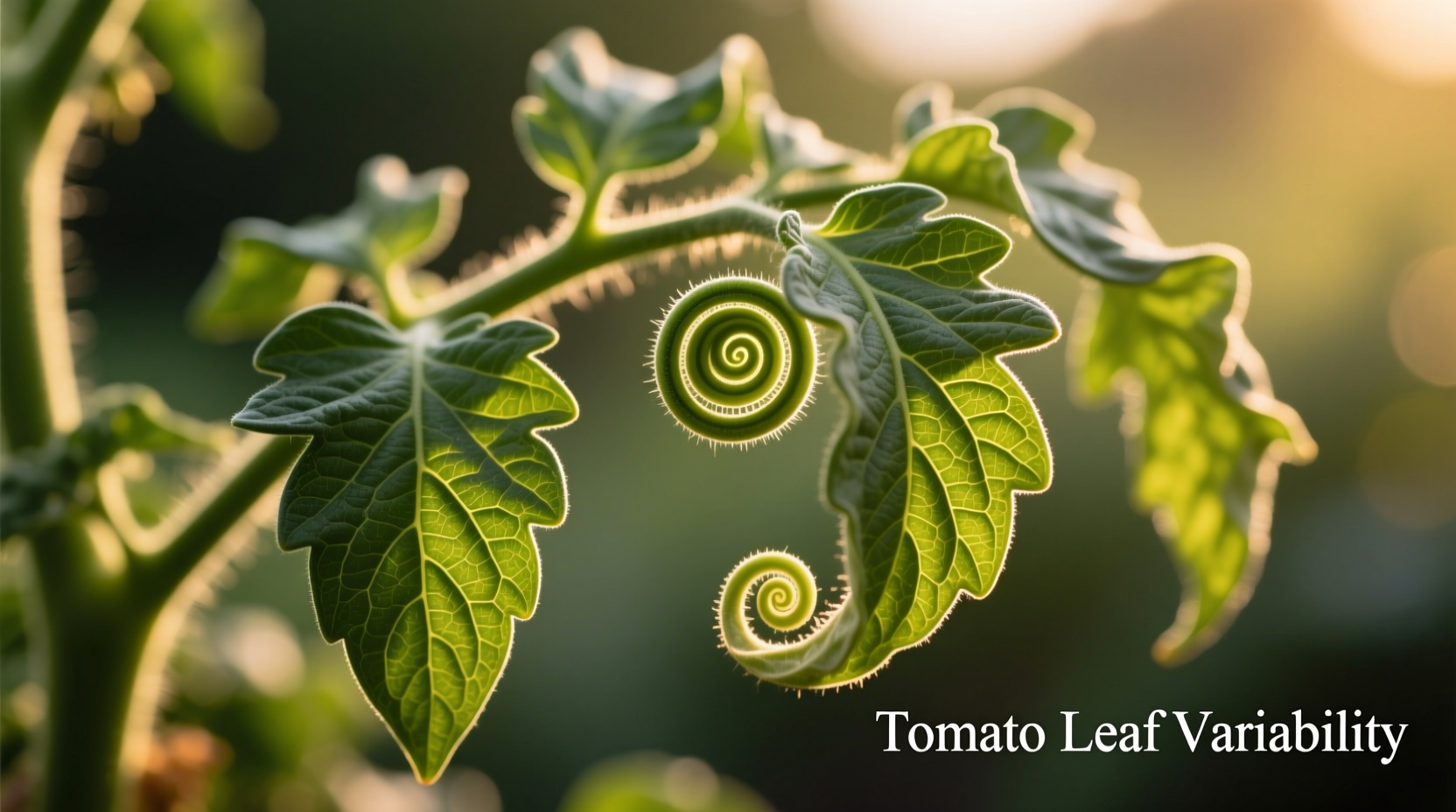 Close-up of tomato leaves showing different curl patterns
