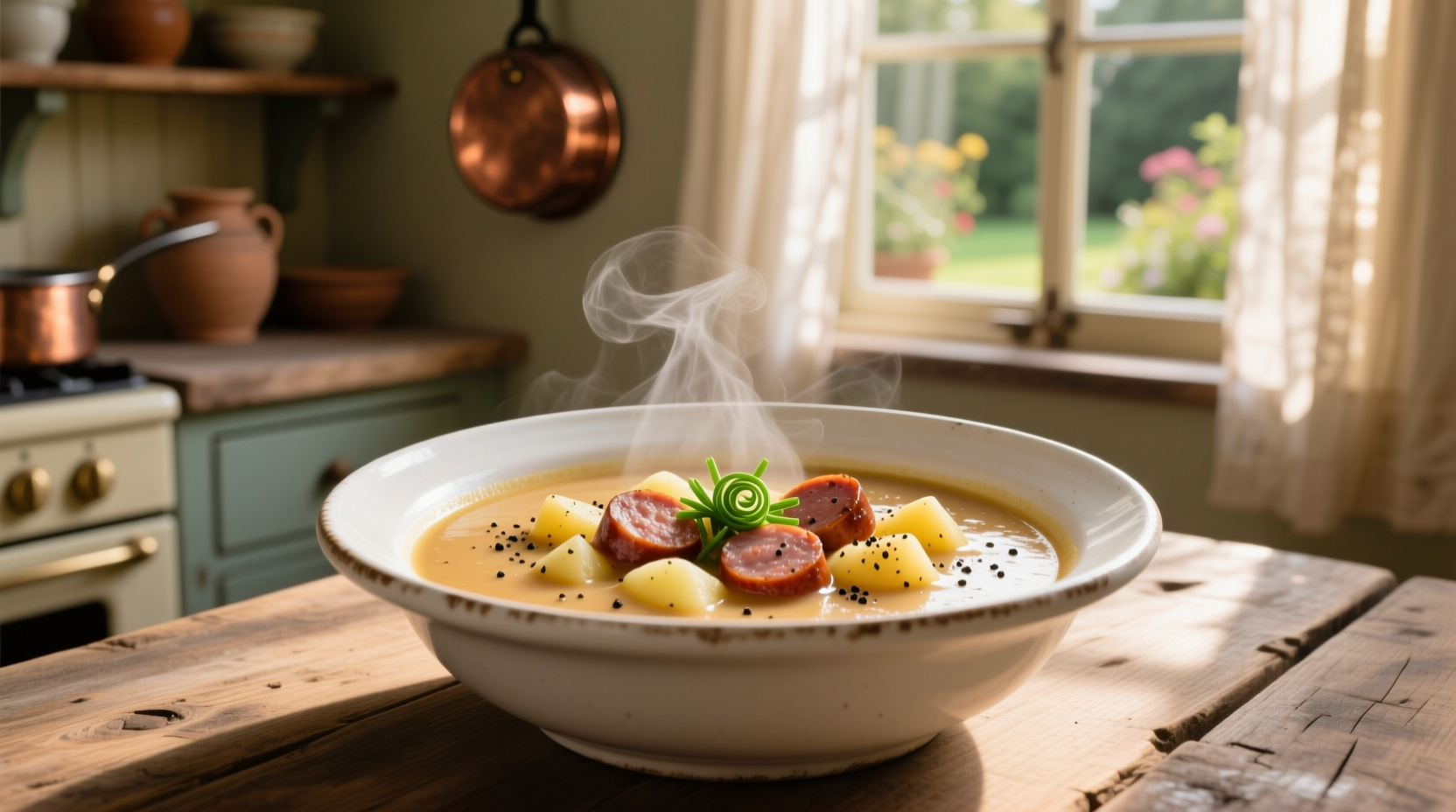 Creamy potato soup with sausage in white bowl