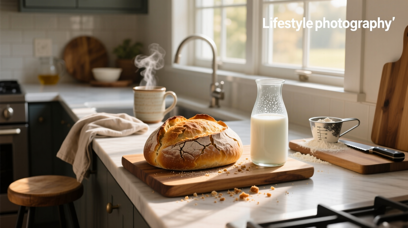 a loaf of bread, a container of milk