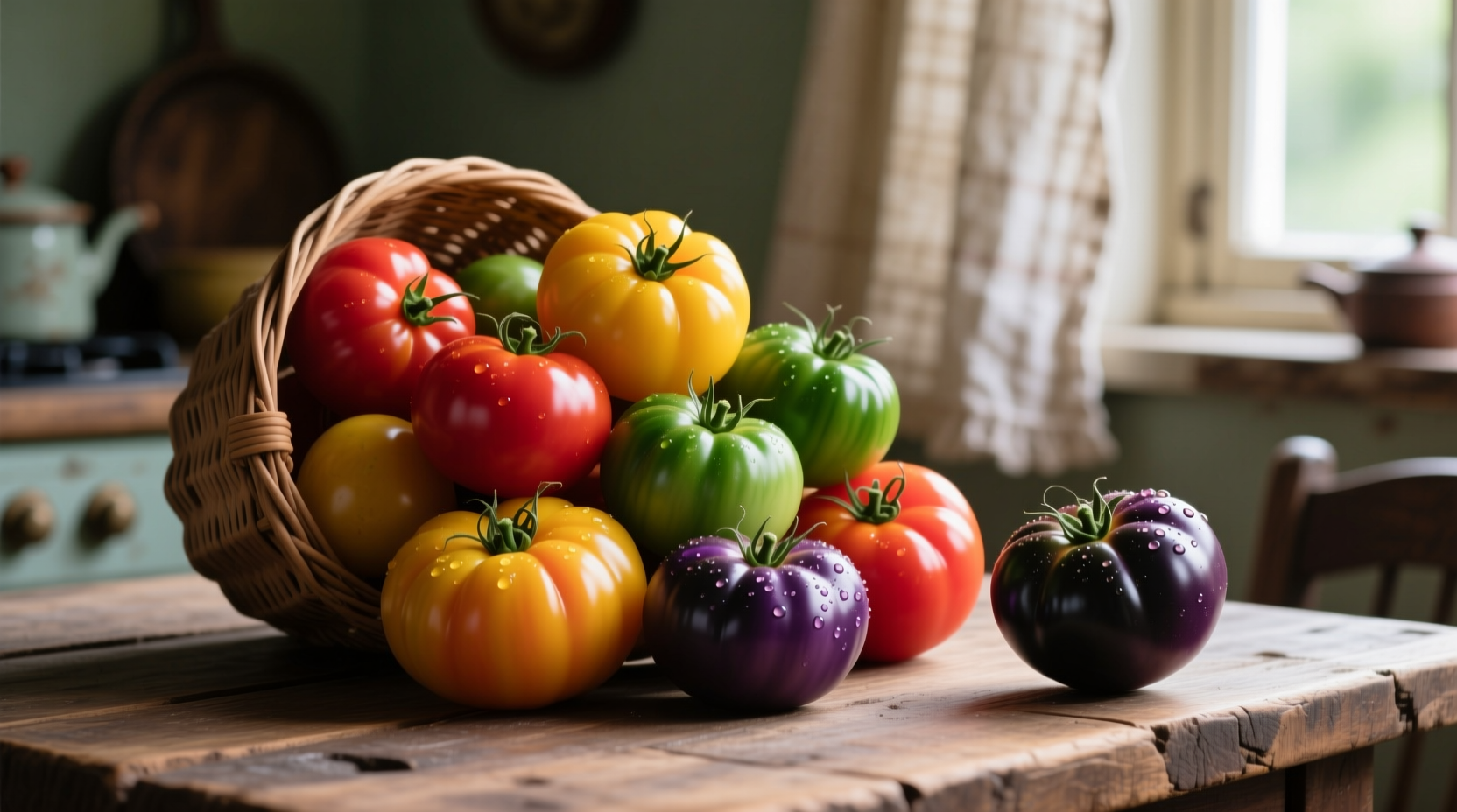 Colorful heirloom tomatoes arranged playfully