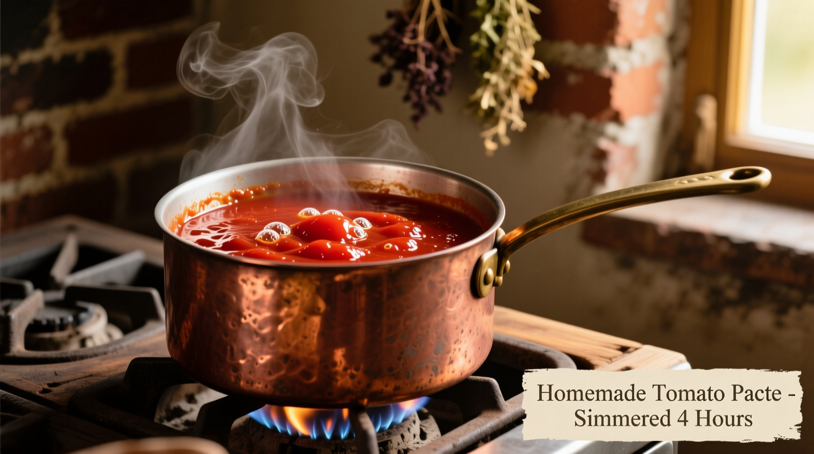 Homemade tomato paste simmering in copper pot