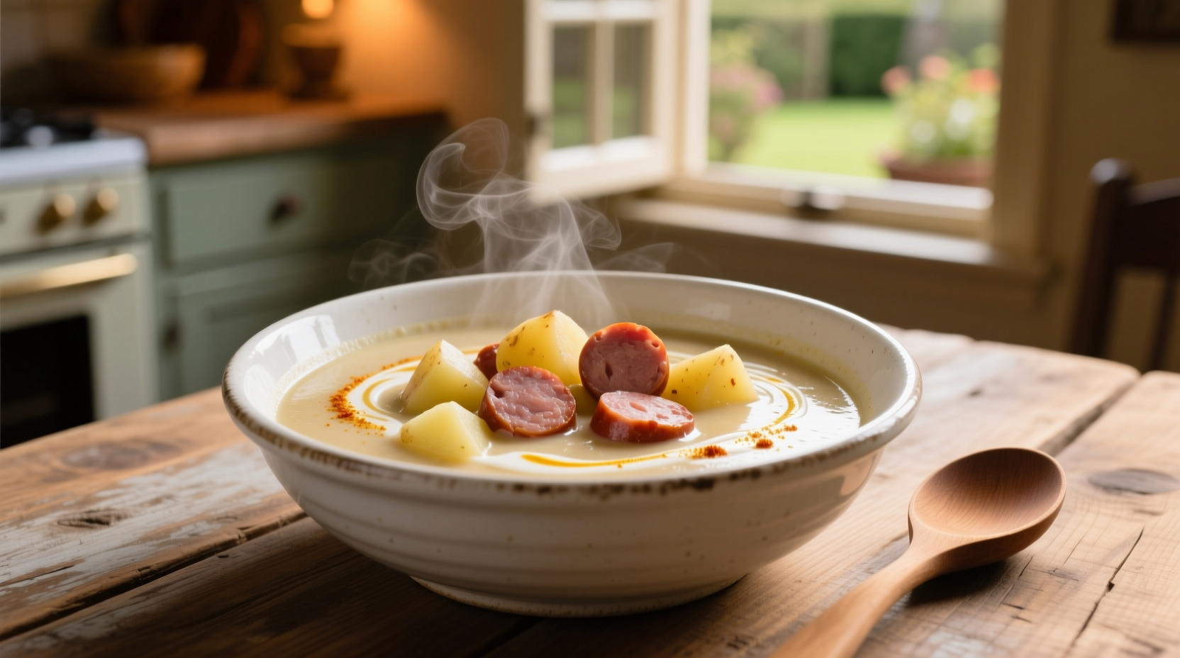 Creamy smoked sausage potato soup in white bowl