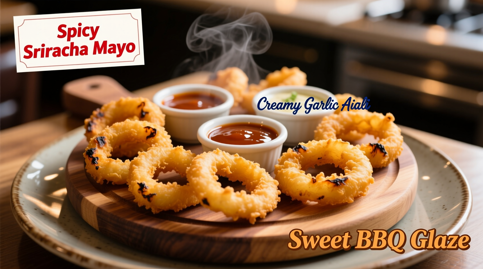 Onion rings with three dipping sauce options