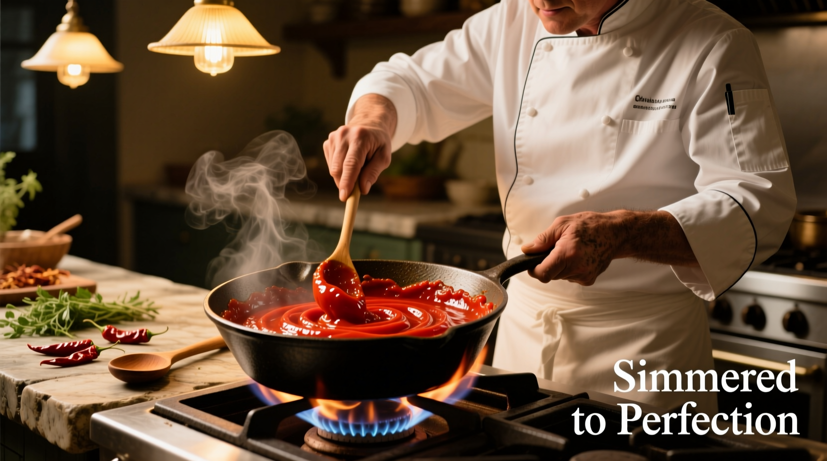 Chef stirring tomato paste in cast iron skillet